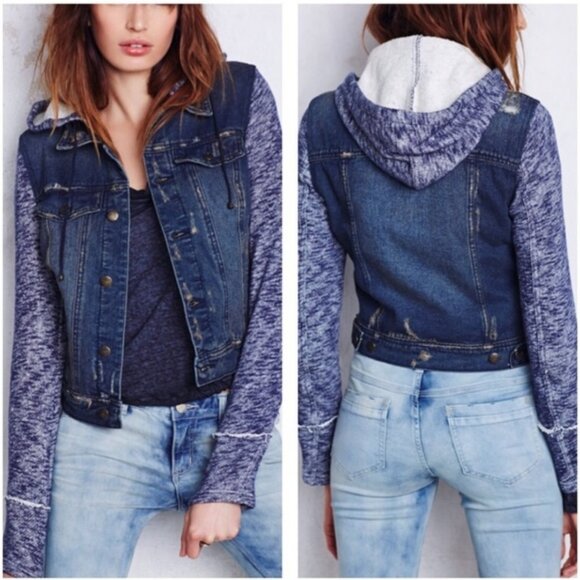 Free People Distressed Denim & Knit Jacket w/Hood - Picture 5 of 5
